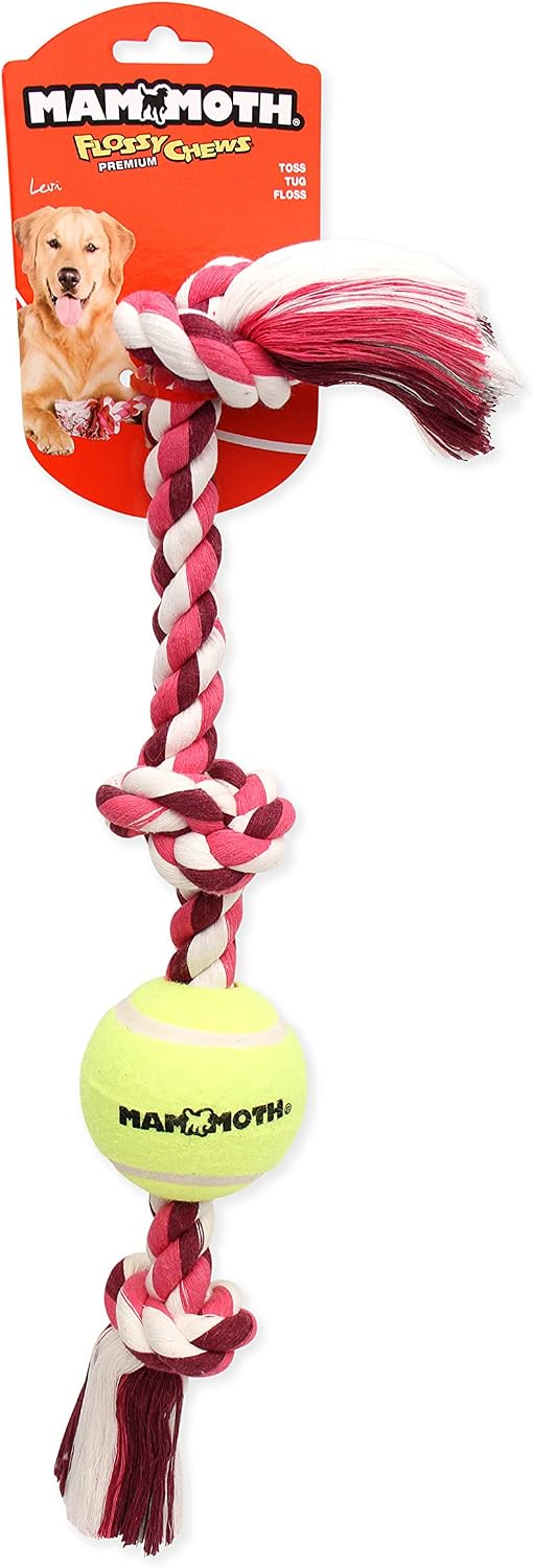 Mammoth Flossy Chews Color 3 Knot Tug w/Standard Tennis Ball – Premium Cotton-Poly Tug Toy for Dogs, Interactive Rope