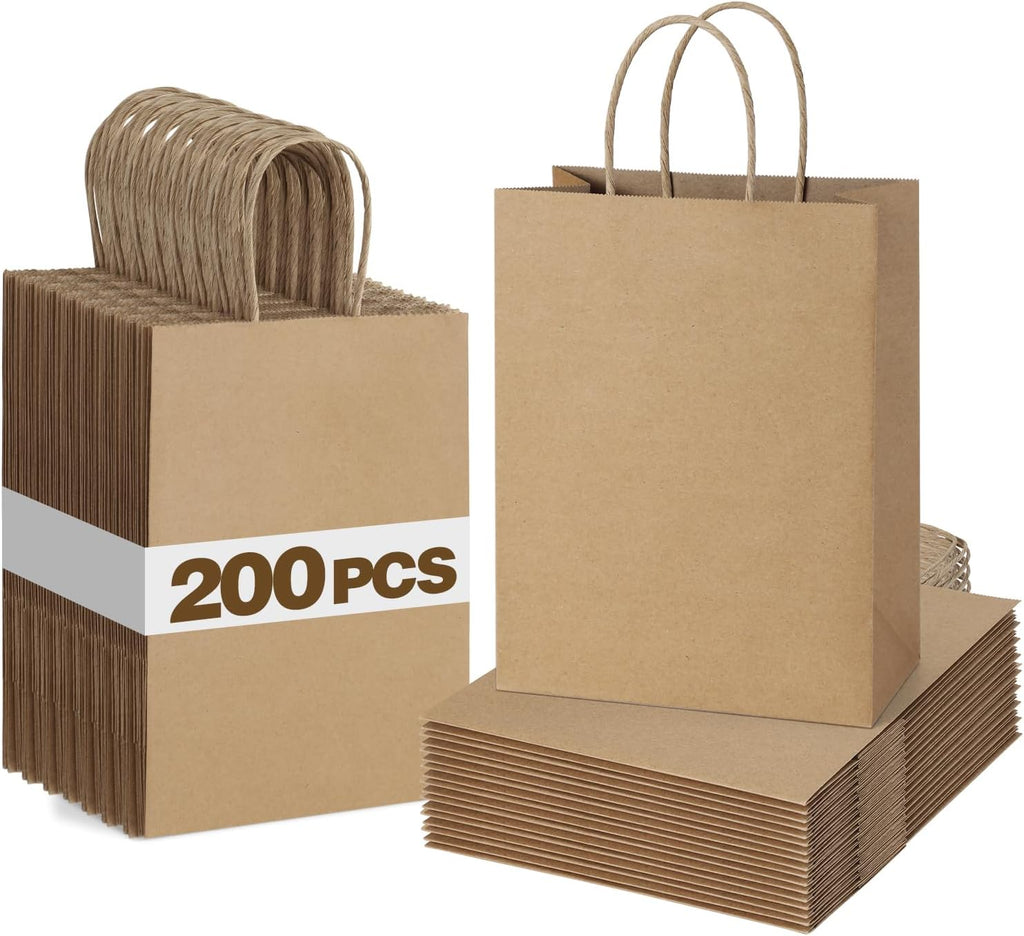 Gift Bags with Handles 8x4.25x10 Inch Brown 200 Bulk Packs
