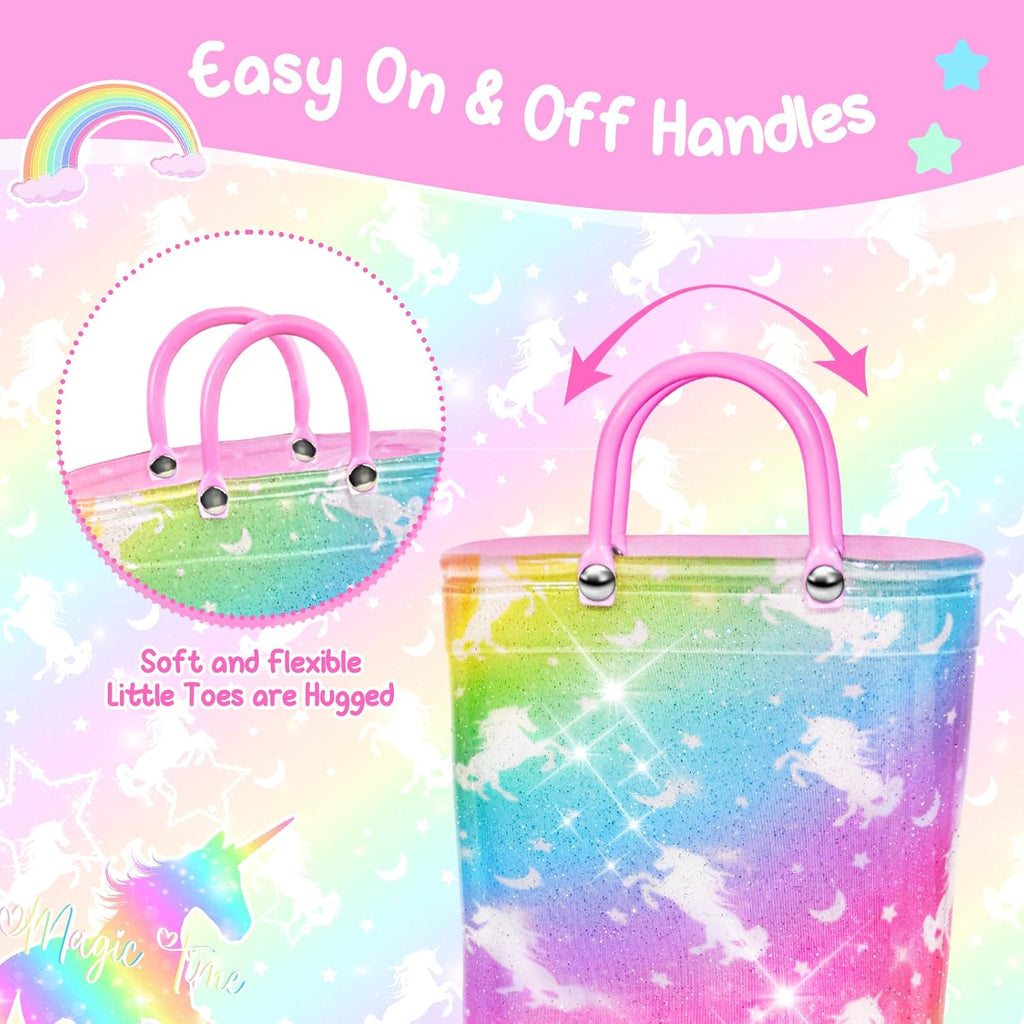 Toddler Rain Boots For Girls Waterproof Rainboots Little Girls Glitter Unicorn Rain Boots For Kids With Easy-On Handles