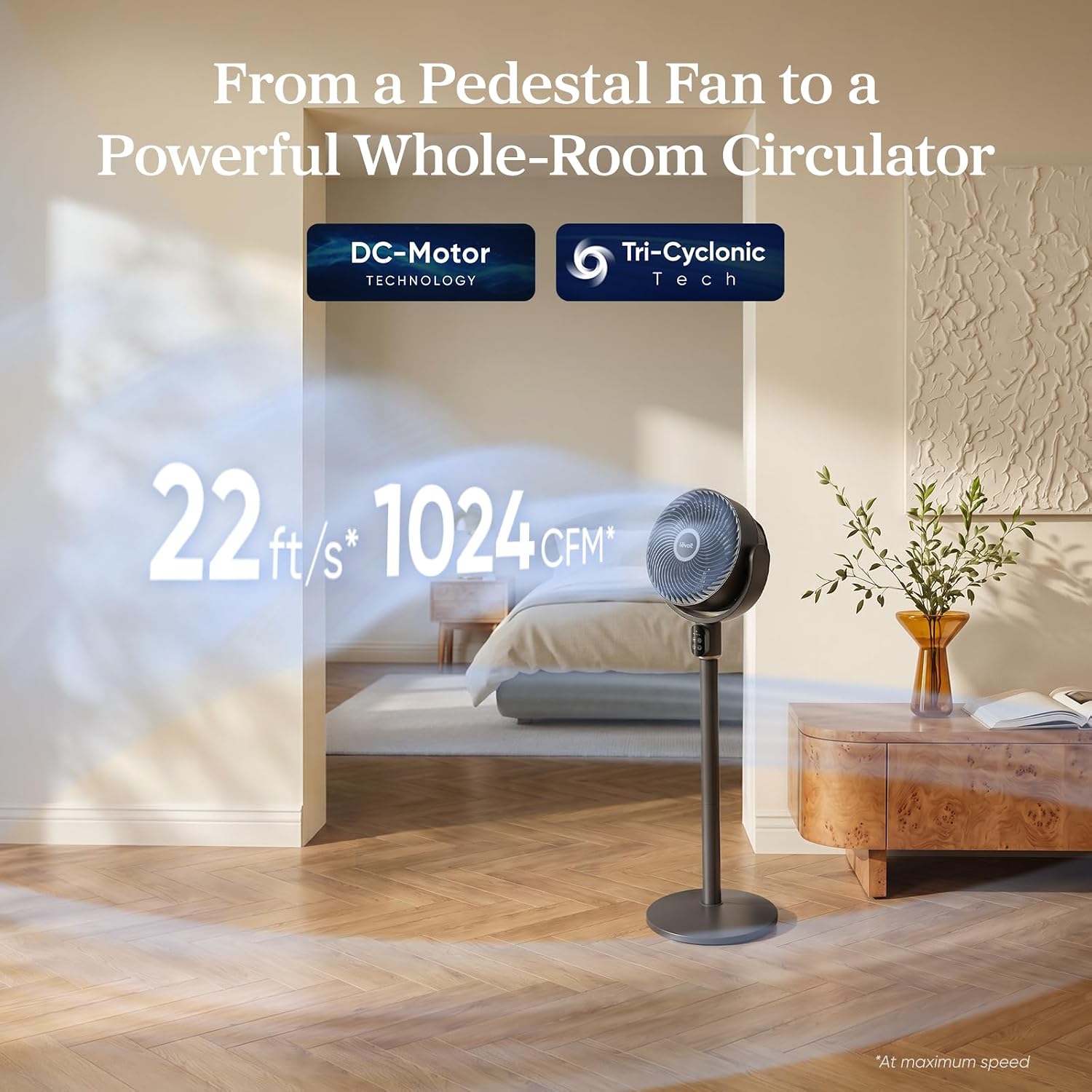 Smart Standing Fan for Bedroom, 90° Oscillating Fan, 1024CFM Airflow | 20dB Quiet, Pedestal Floor Fan with Dust