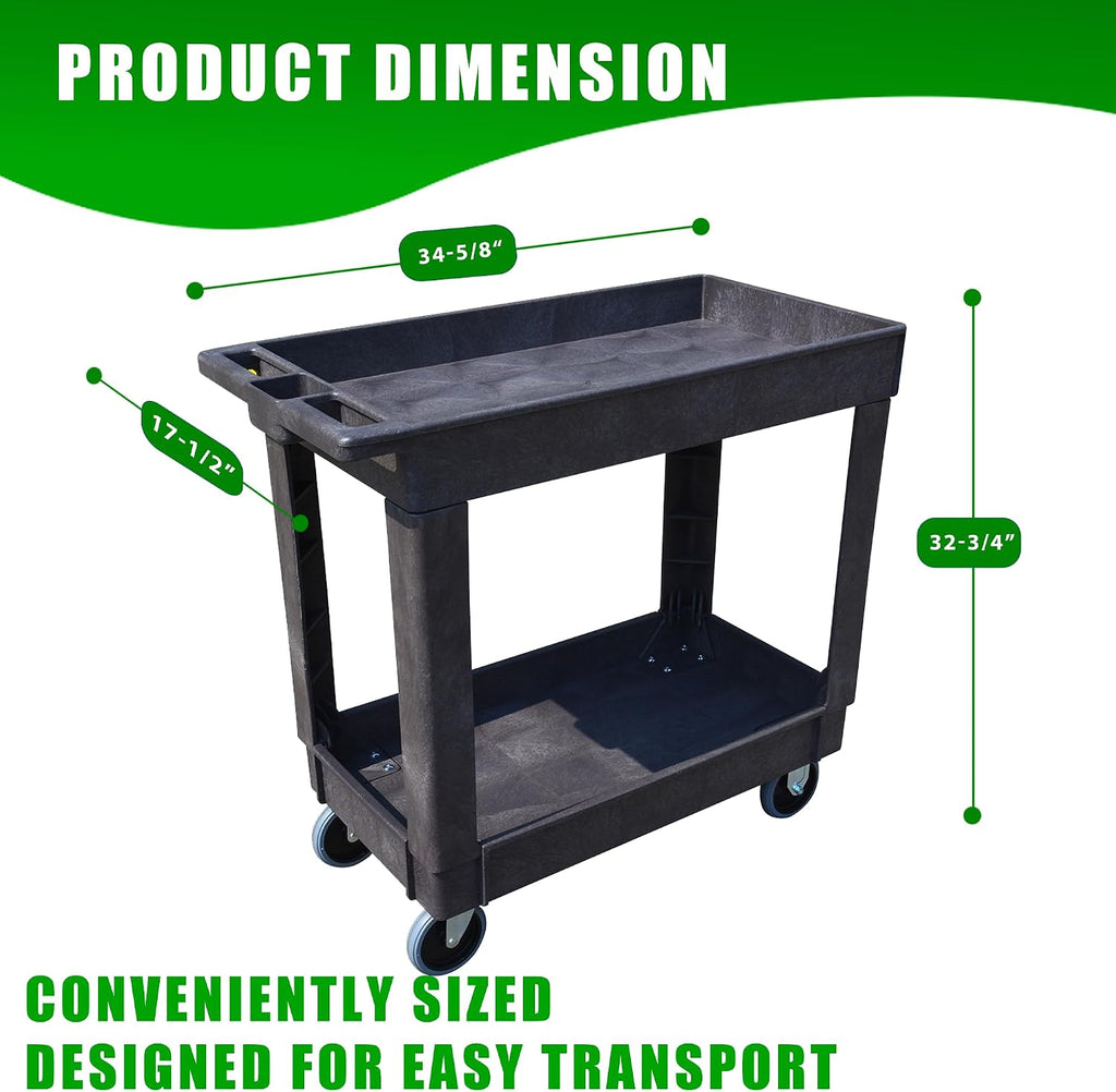 Heavy-Duty Rolling Storage Cart with Open Plastic Shelves and Tall Lip, 500 LB Capacity Utility Cart with Tray Top