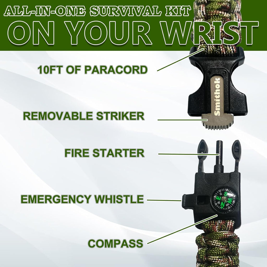 Paracord Survival Bracelet-Length Adjustable,Loud Whistle Emergency Compass Survival Fire Starter Scraper Accessories