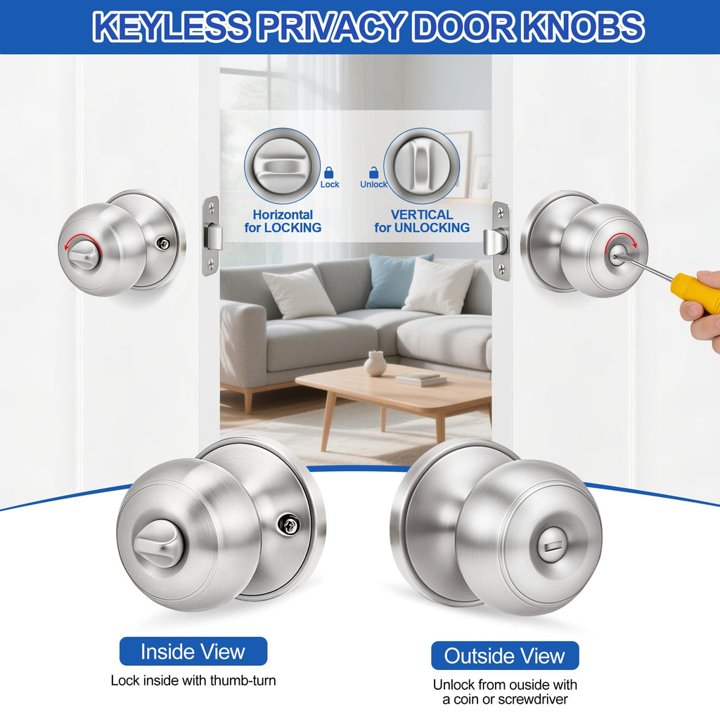 6 Pack Brushed Nickel Door Knobs,Privacy Door Knob with Lock, Interior Doorknobs Silver, Keyless Door Locks Set for