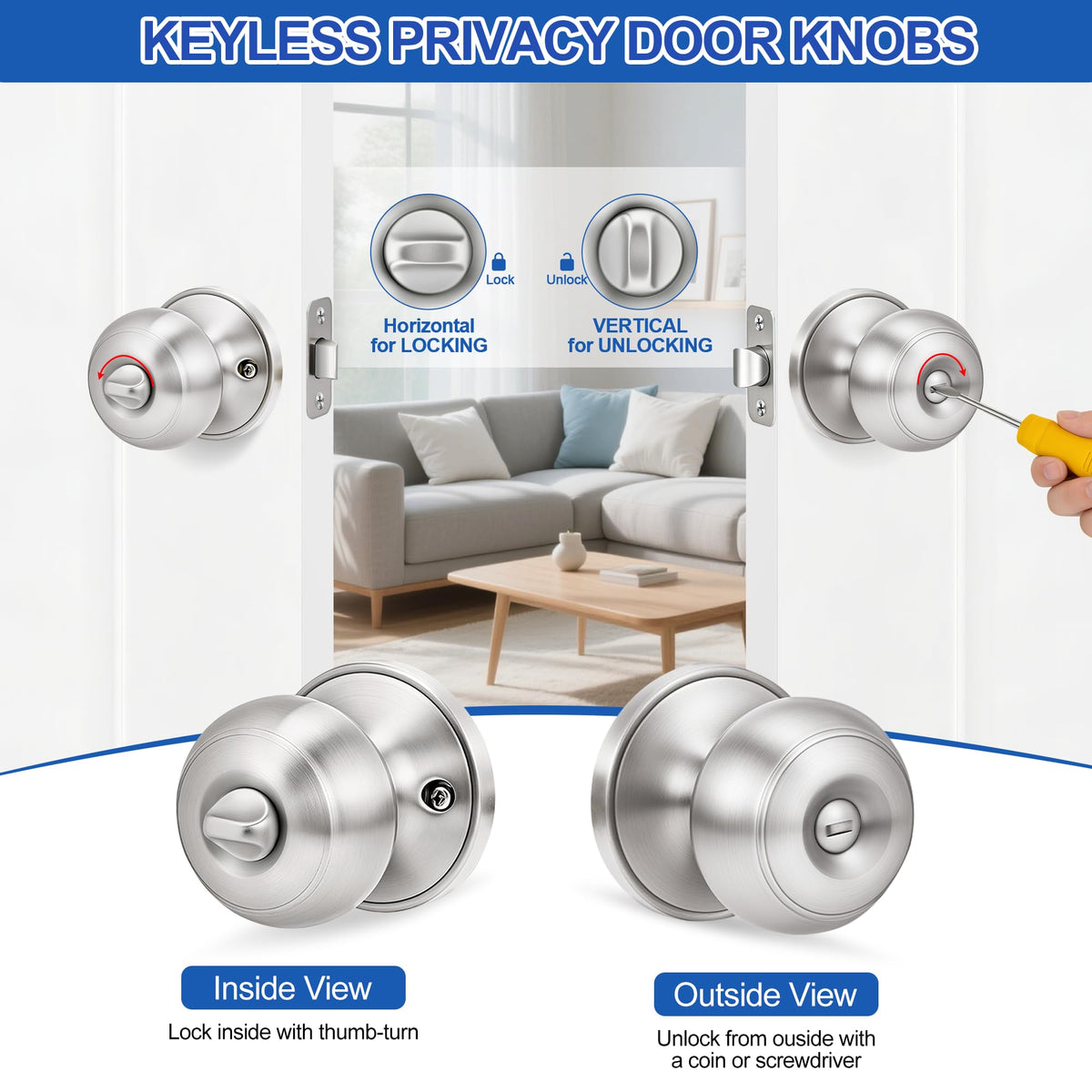 6 Pack Brushed Nickel Door Knobs,Privacy Door Knob with Lock, Interior Doorknobs Silver, Keyless Door Locks Set for