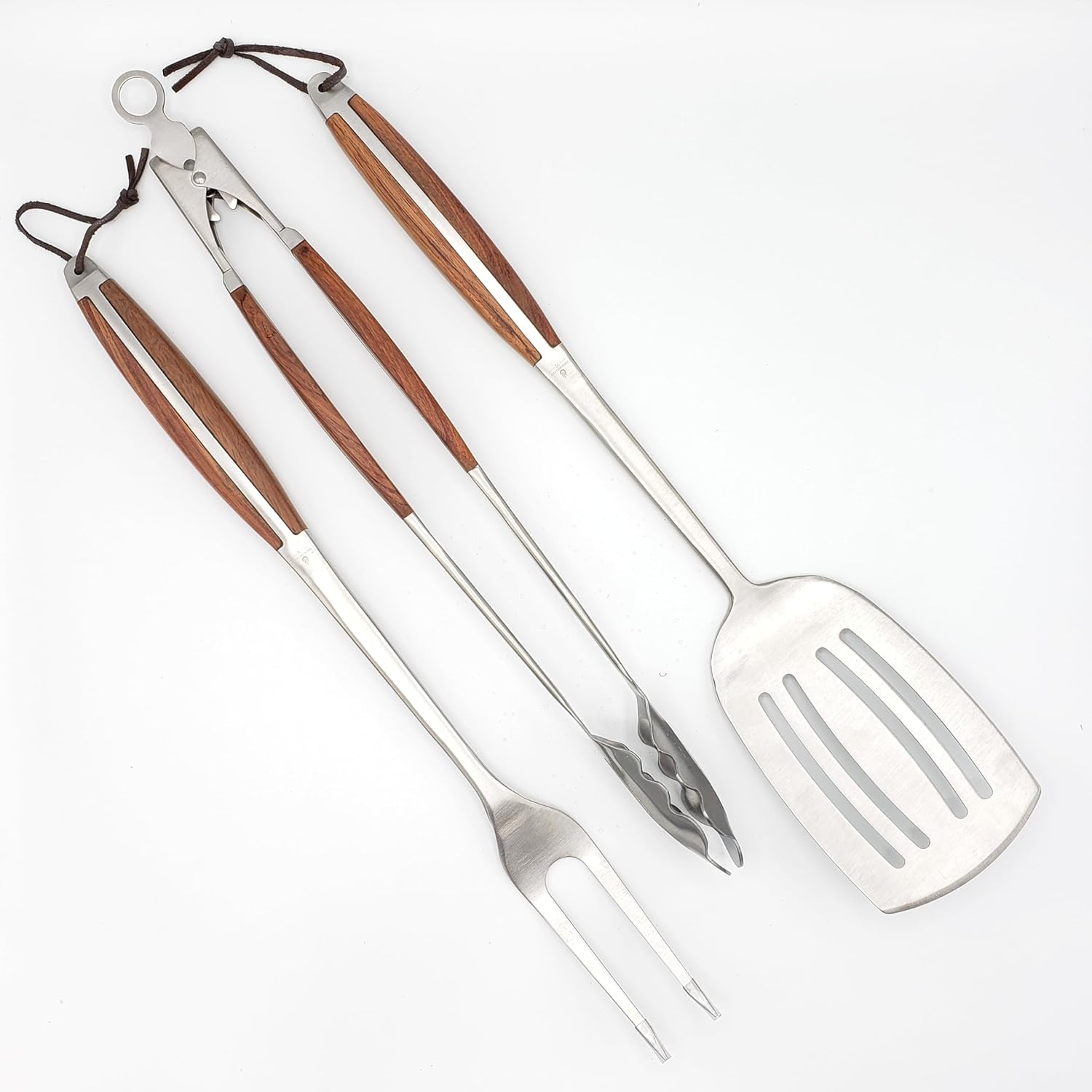 3 Piece Heavy Duty Grill Tool Set – Stainless Steel BBQ Utensils with Rosewood Handles, Spatula, Tongs & Fork –