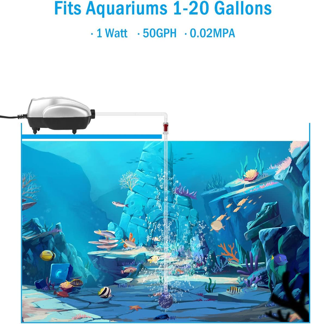 Aquarium Air Pump Fish Tank Bubbler Aerator, All-in-One Fish Tank Air Pump Kit, Quiet Aquarium Bubbler