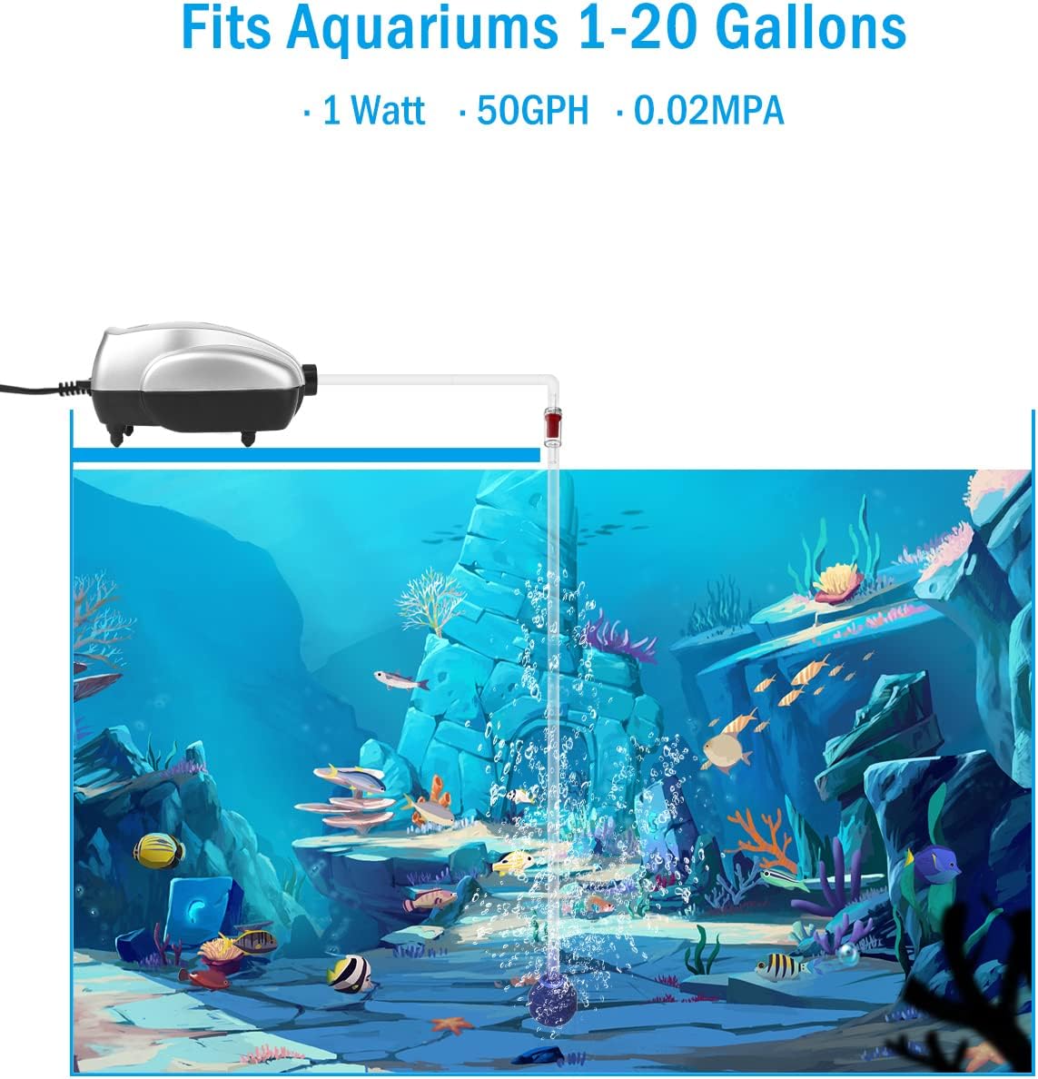 Aquarium Air Pump Fish Tank Bubbler Aerator, All-in-One Fish Tank Air Pump Kit, Quiet Aquarium Bubbler