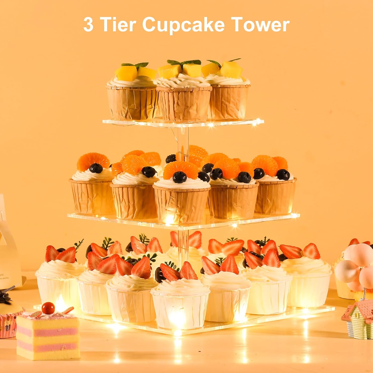 3 Tier Cupcake Stand Cupcake Holder, Acrylic Cupcake Tower with LED Yellow Light for 24 Cupcakes, Dessert Table