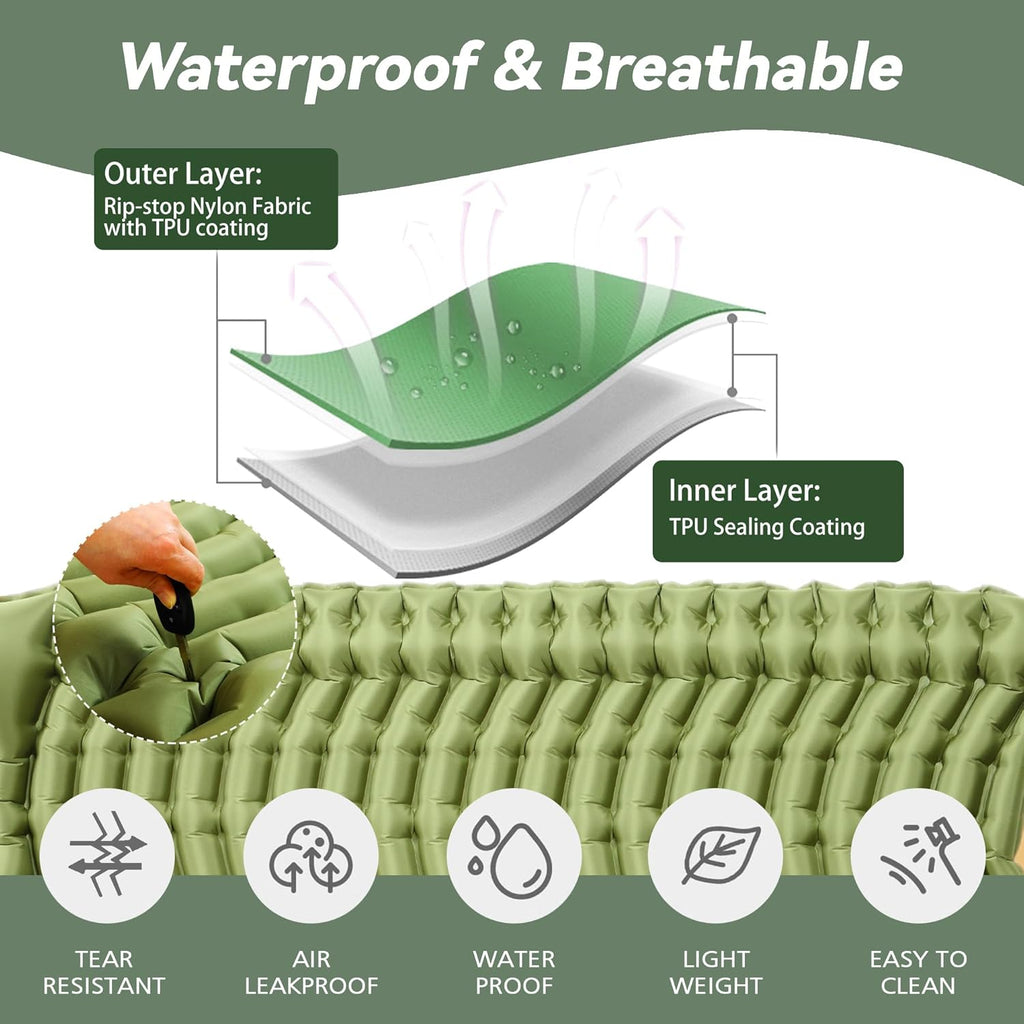 Double Camping Sleeping pad with Pillow & Built-in Foot Pump | Ultralight Camping Mattress，Compact Inflatable