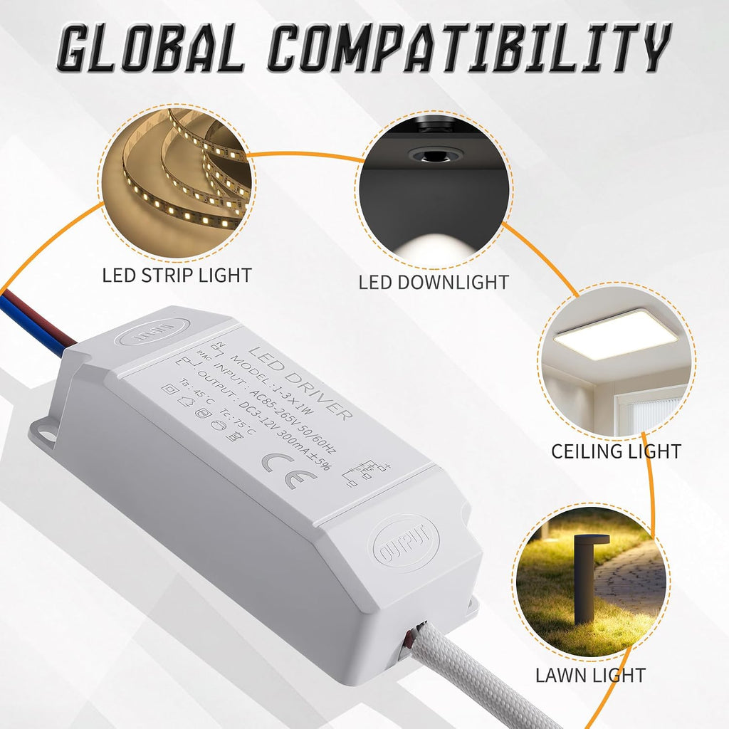 1-3W LED Driver, 3-12V DC LED Power Supply, 300mA, Black