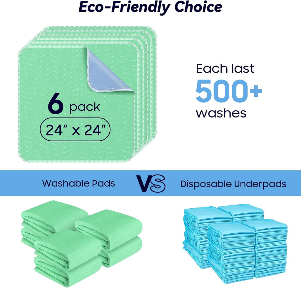 6 Pack 24” x 24” Extra Heavy Absorbency Washable Underpads Bed Pads