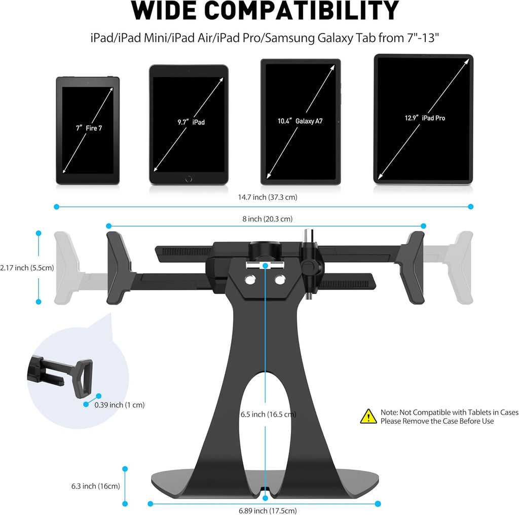 Anti-Theft iPad Kiosk Stand, 360° Swivel POS Tablet Mount with Security Cable & Key, Fits 7–13-inch iPad & Samsung