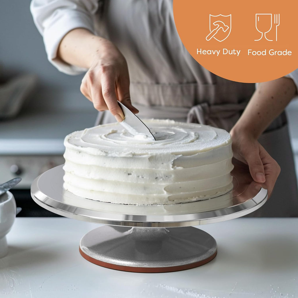 12" Silver Aluminum Alloy Cake Turntable, Cake Stand for Decorating