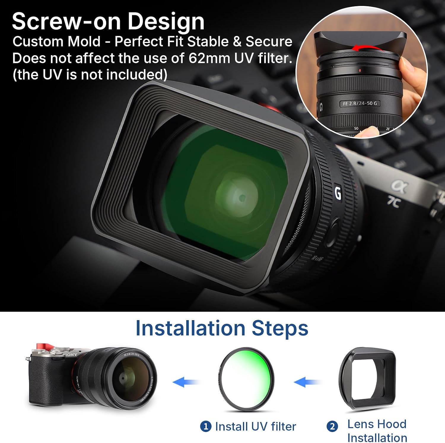 62mm Square Metal Screw-in Mount Lens Hood Shade with Cap for 62mm Canon Nikon Sony Leica Leitz Carl Zeiss