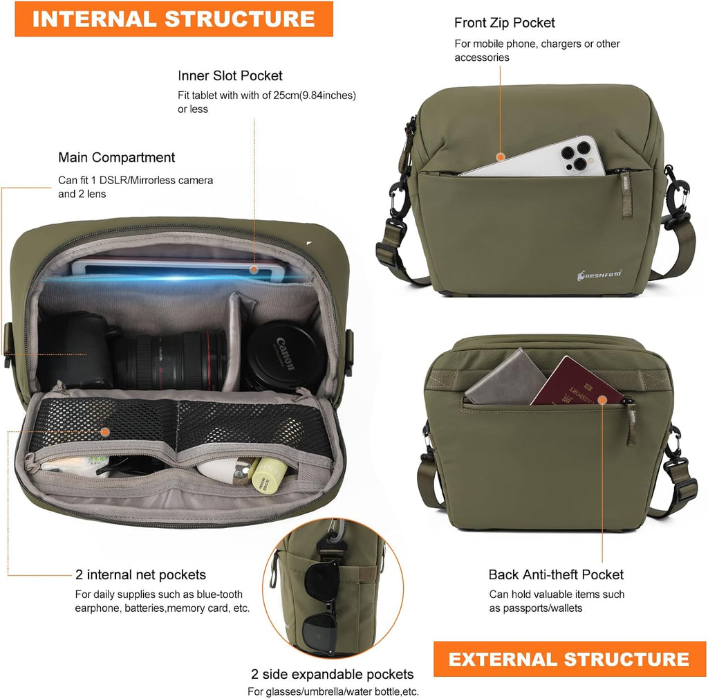 Camera Bag Crossbody Waterproof Sling Purse Case Small Photography Shoulder Messenger Bag Backpack with Tripod Holder