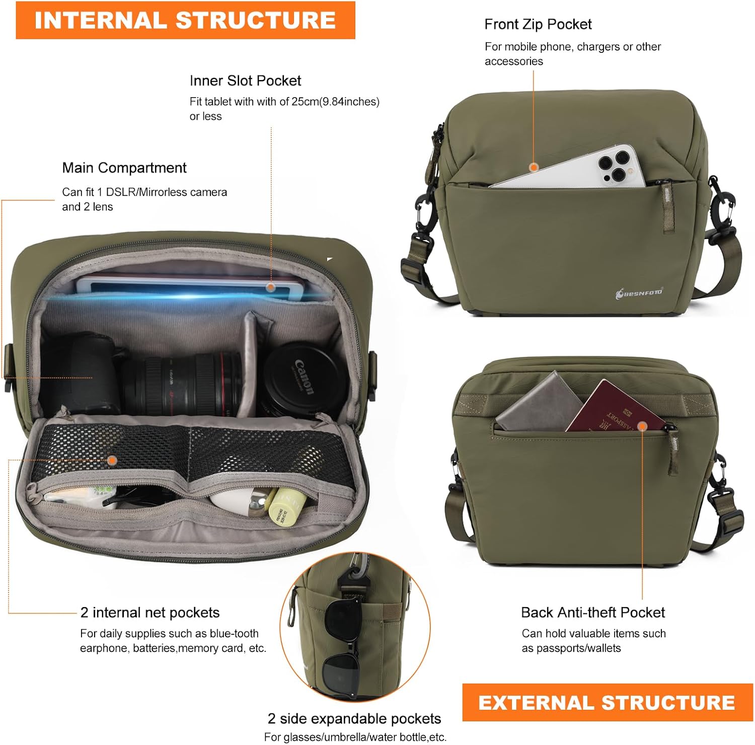 Camera Bag Crossbody Waterproof Sling Purse Case Small Photography Shoulder Messenger Bag Backpack with Tripod Holder