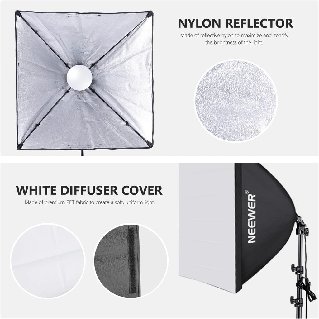 700W Equivalent Softbox Lighting Kit, 2Pack UL Certified 5700K LED Lighting Bulbs, 24x24 inches Softboxes with E26