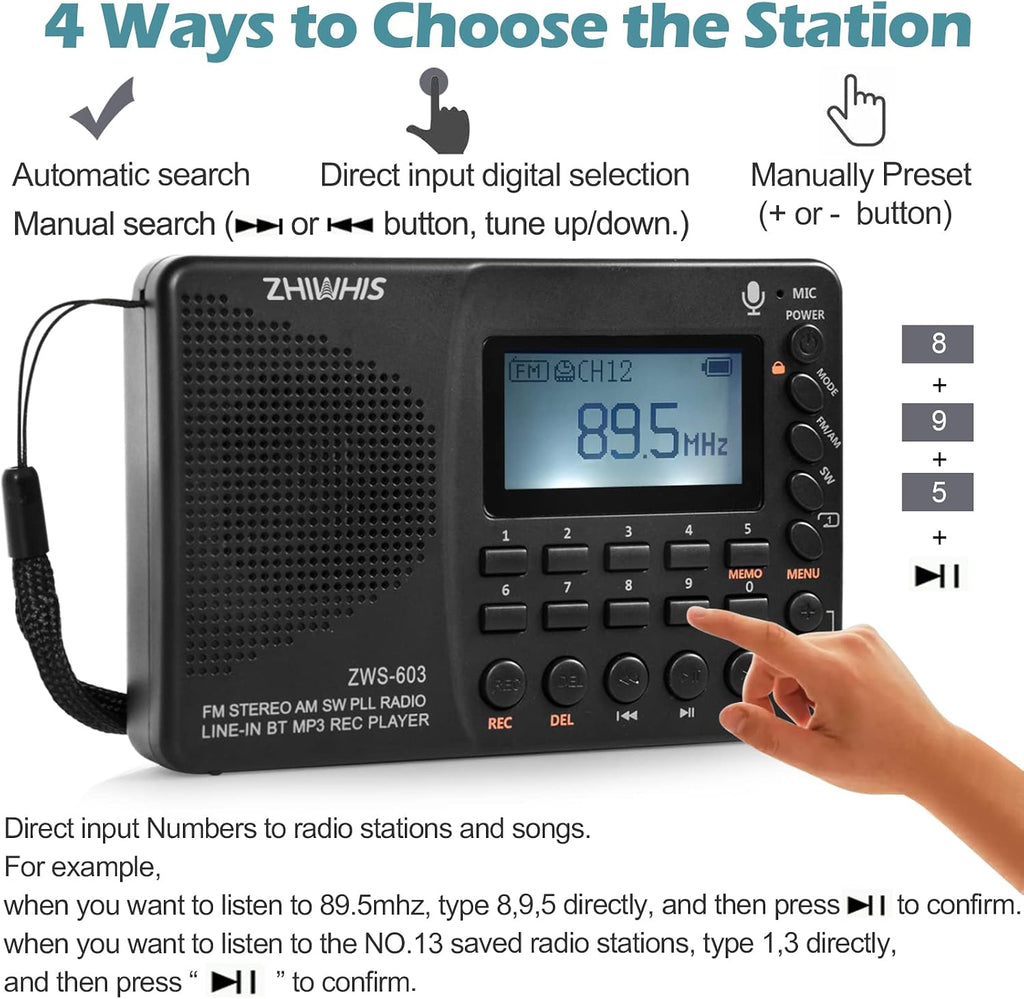 Portable Bluetooth Radio, FM AM Shortwave Radios with Sleep Timer and Preset Function, Rechargeable Digital Recorder
