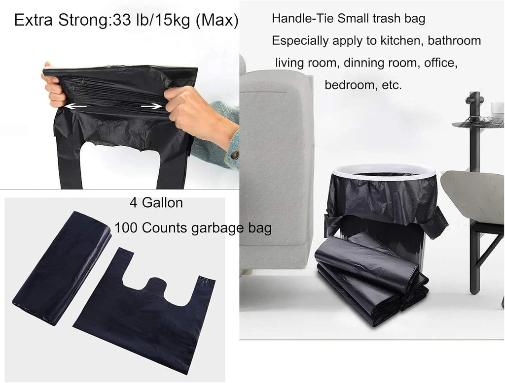 100 pcs Black Trash Bags with Handles - 14x22 Super Thick 1.8mil Plastic Rubbish Bags for Office, Picnic, Kitchen