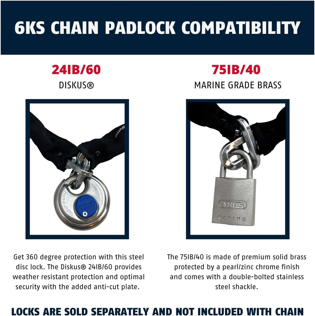 Hardened Steel 6KS 2 Foot x 1/4" Thick Square Security Chain | for Bikes, Containers, Trailers, ATV's, Motorcycles