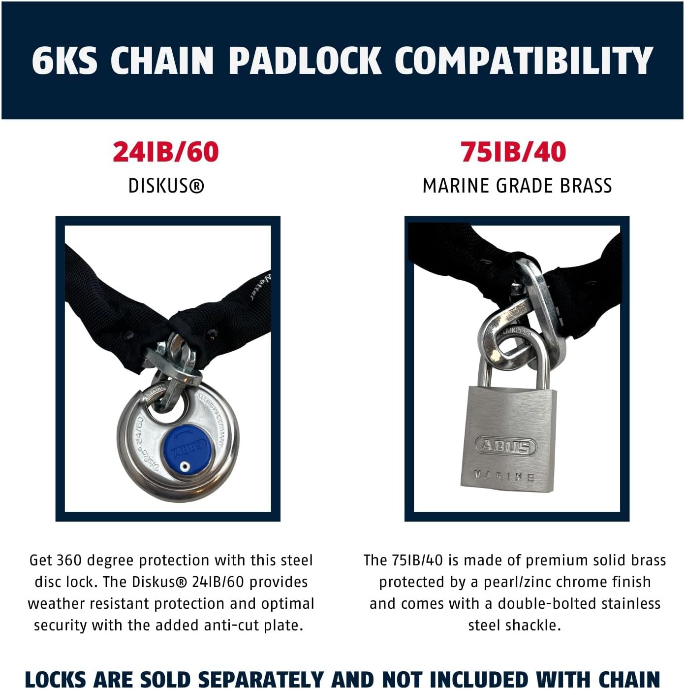 Hardened Steel 6KS 2 Foot x 1/4" Thick Square Security Chain | for Bikes, Containers, Trailers, ATV's, Motorcycles