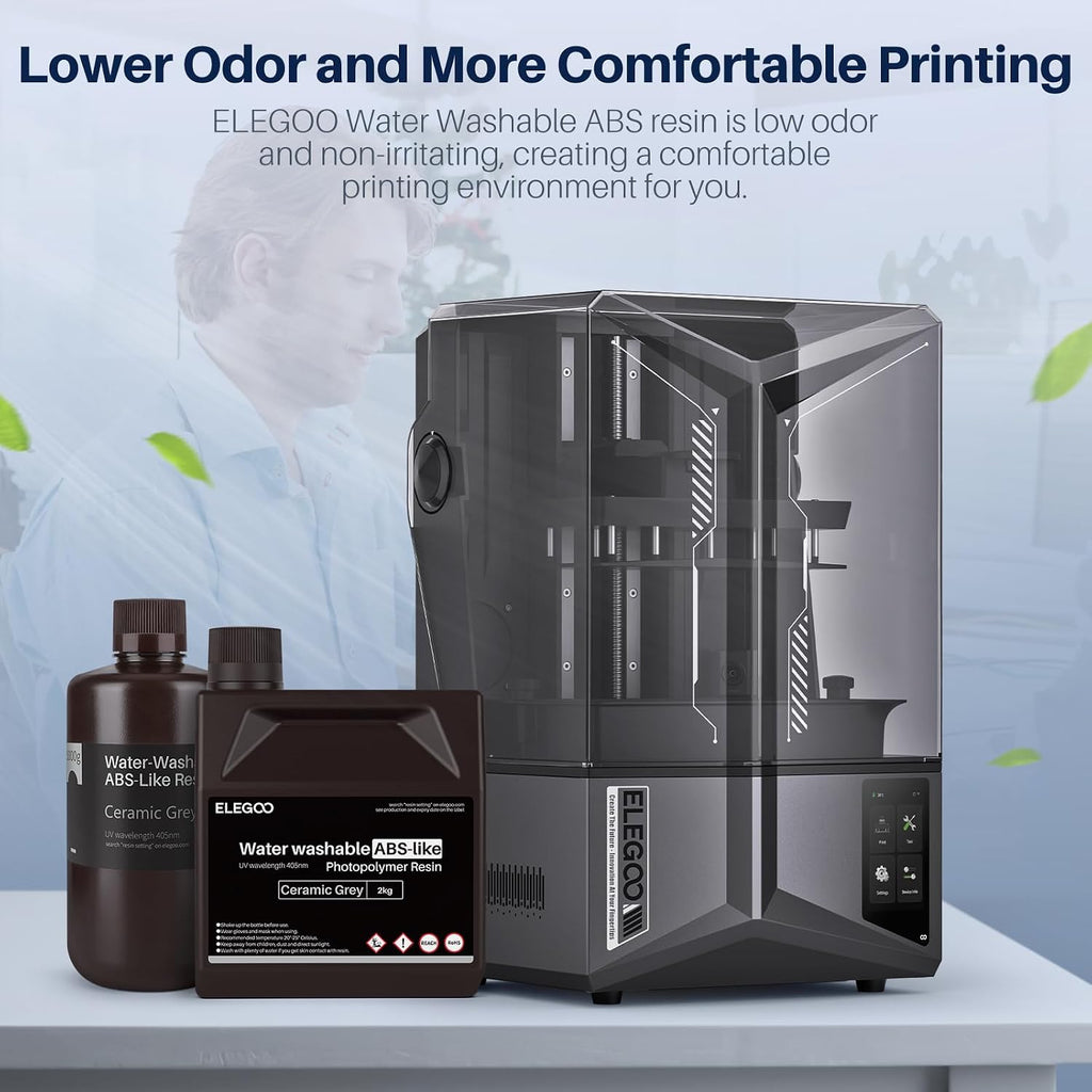 ELEGOO Water Washable ABS-Like Resin 3D Printer Resin Grey 2000G | High Toughness, Low Viscosity and High Precision