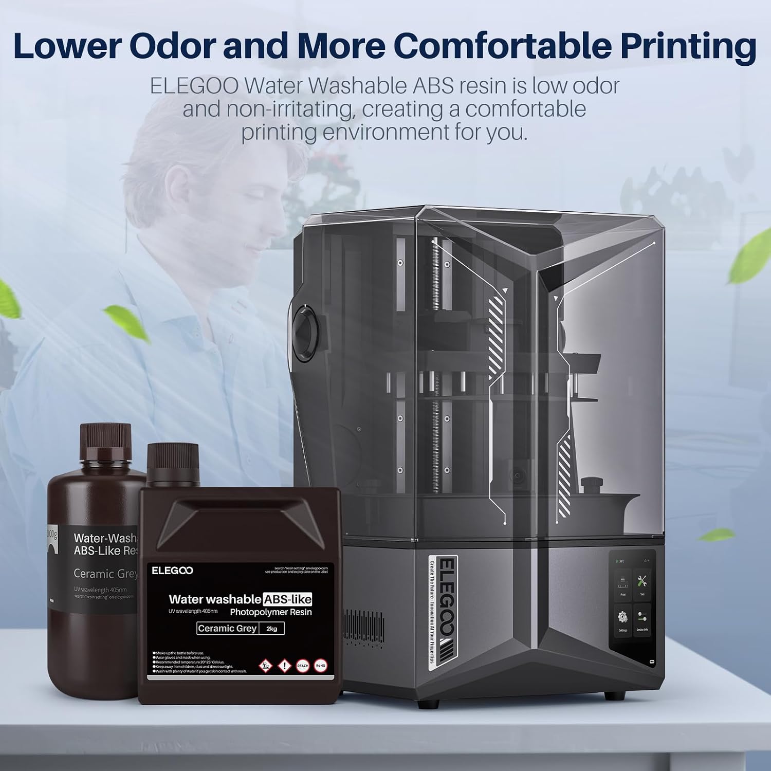 ELEGOO Water Washable ABS-Like Resin 3D Printer Resin Grey 2000G | High Toughness, Low Viscosity and High Precision