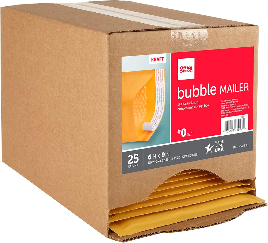 Self-Sealing Bubble Mailers, Size 0, 6in. x 9in., Pack Of 25, 284337