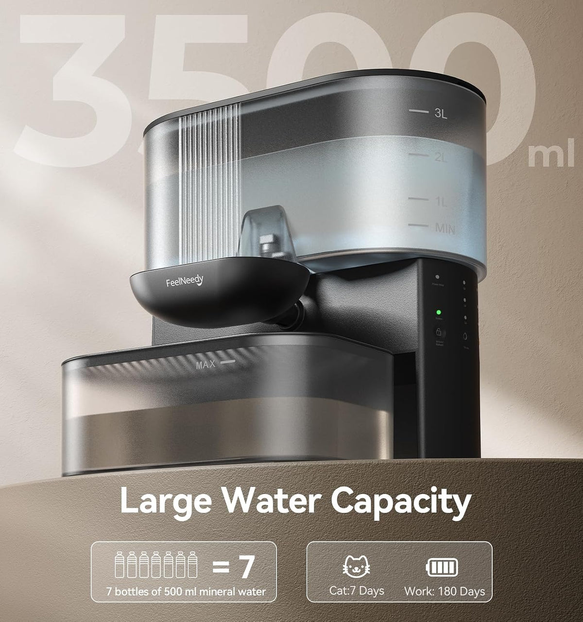 Wireless Cat Water Fountain No Filters, Wastewater Separation, FEELNEEDY Stainless Steel Bowl, 3.5L Pet Water