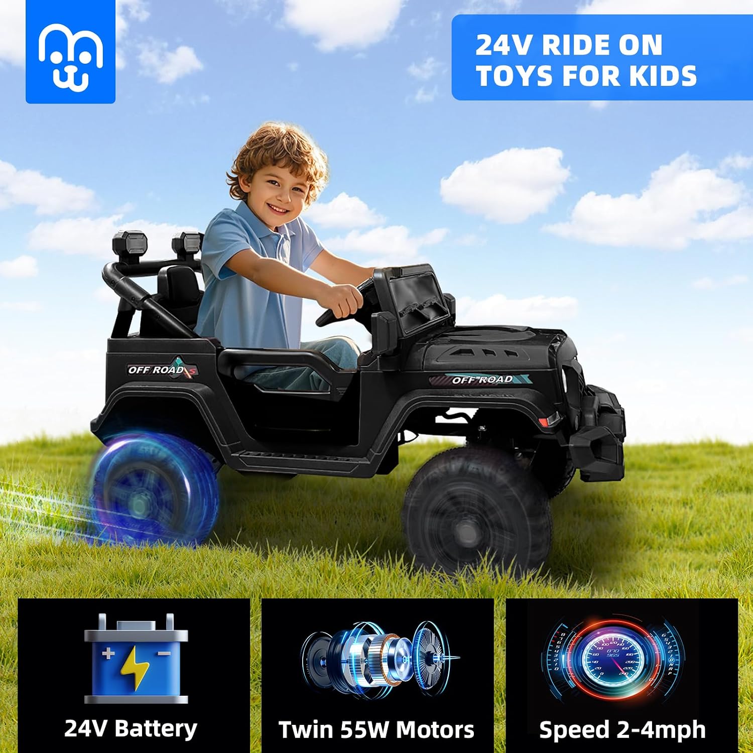 24V Kids Electric Ride on Truck Car with Remote Control, Twin 55W Motors 4MPH Max Speed, Bluetooth Music Player, 4