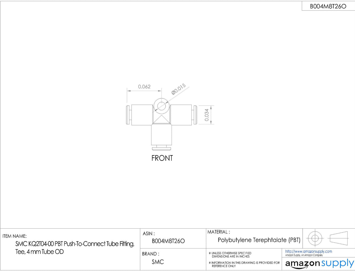 SMC KQ2T04-00A PBT Push-to-Connect Tube Fitting, Union Tee, 4 mm Tube OD (Pack of 10)