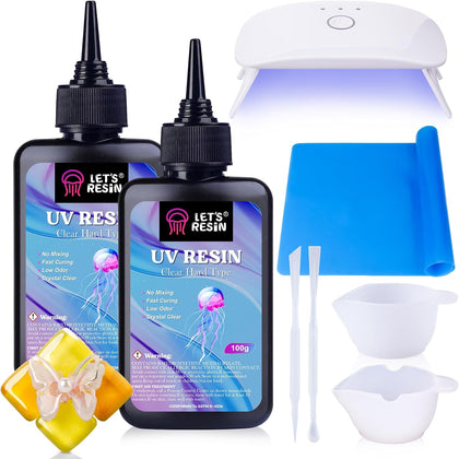 UV Resin with Light, Upgraded 200g Starter Kit for Jewelry | Crystal Clear, Low Odor, Anti-Yellowing, Fast Cure, Low