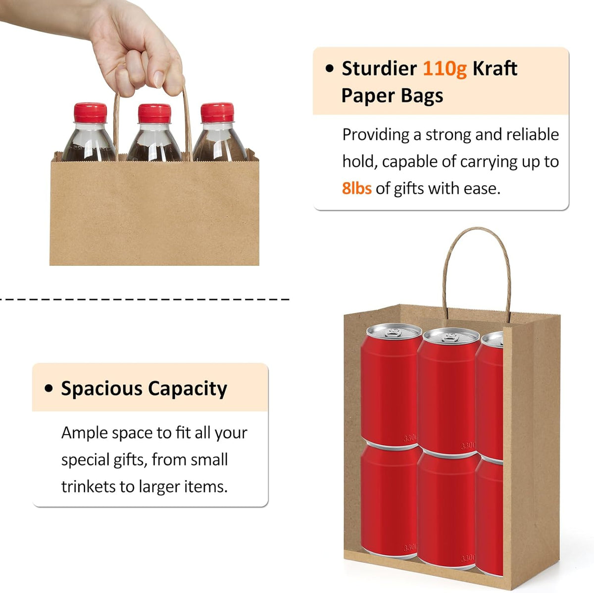 Gift Bags with Handles 8x4.25x10.5 Inch Brown 100 Pack Bulk