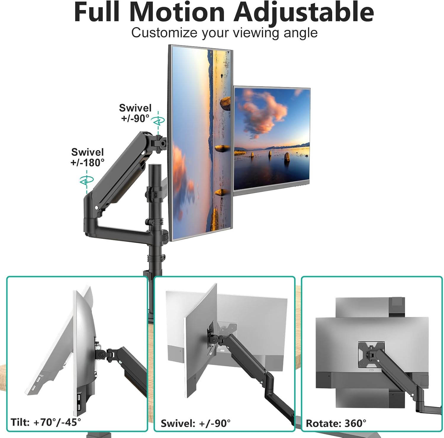 Tall Dual Monitor Desk Mount for 13-33 inch Screens, 19.8 lbs per Arm | Dual Monitor Arms for 2 Monitors, Full Motion