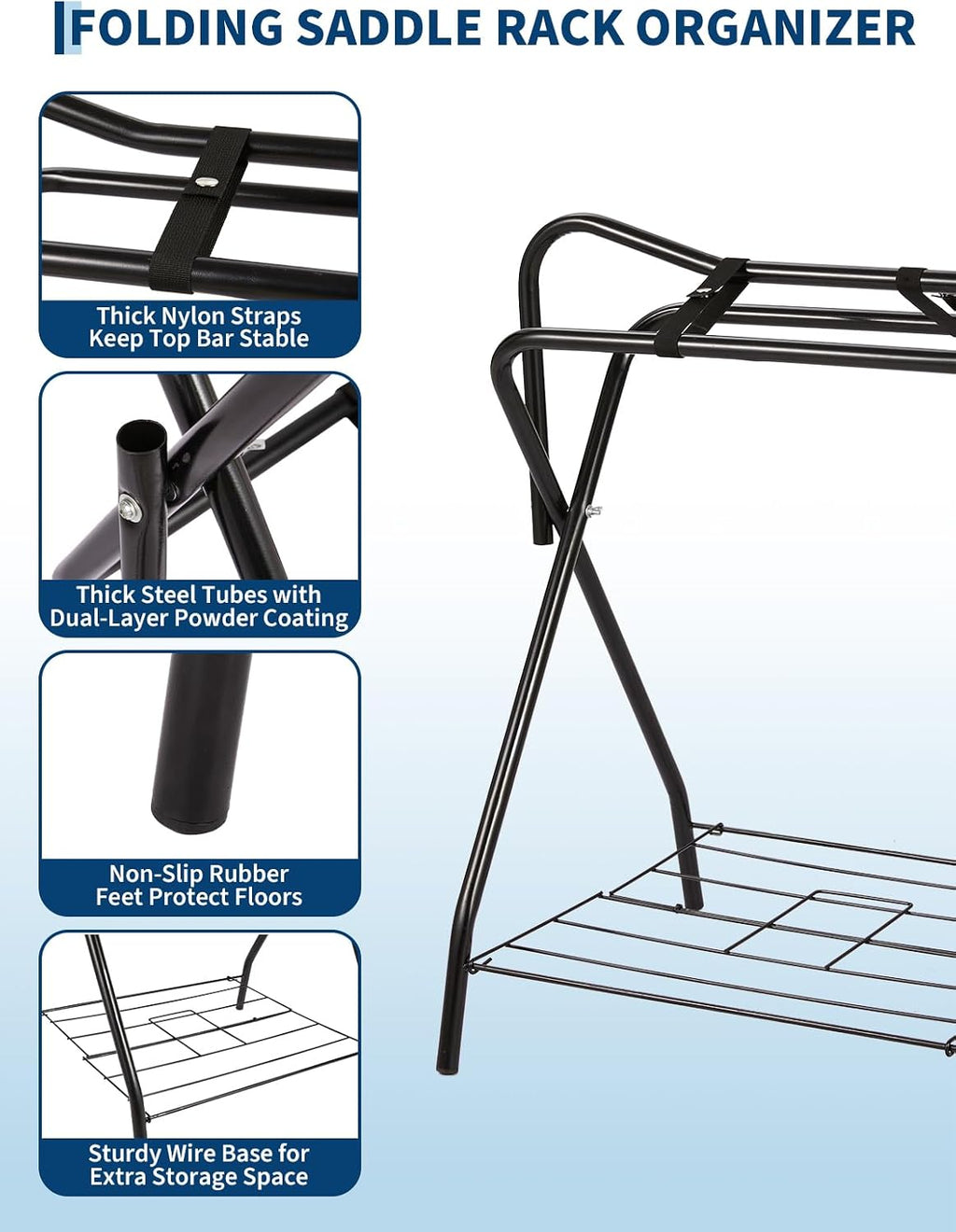 Foldable Saddle Rack with Storage Shelf for Horse Stable Equipment, Portable Folding Horse Saddle Stand for English &