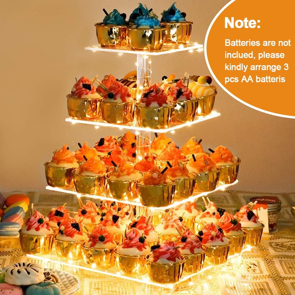 Cupcake Stand with Yellow LED Lights, 4 Tier Cupcake Stand for 50 Cupcakes, Acrylic Cupcake Tower Stand, Clear Tiered