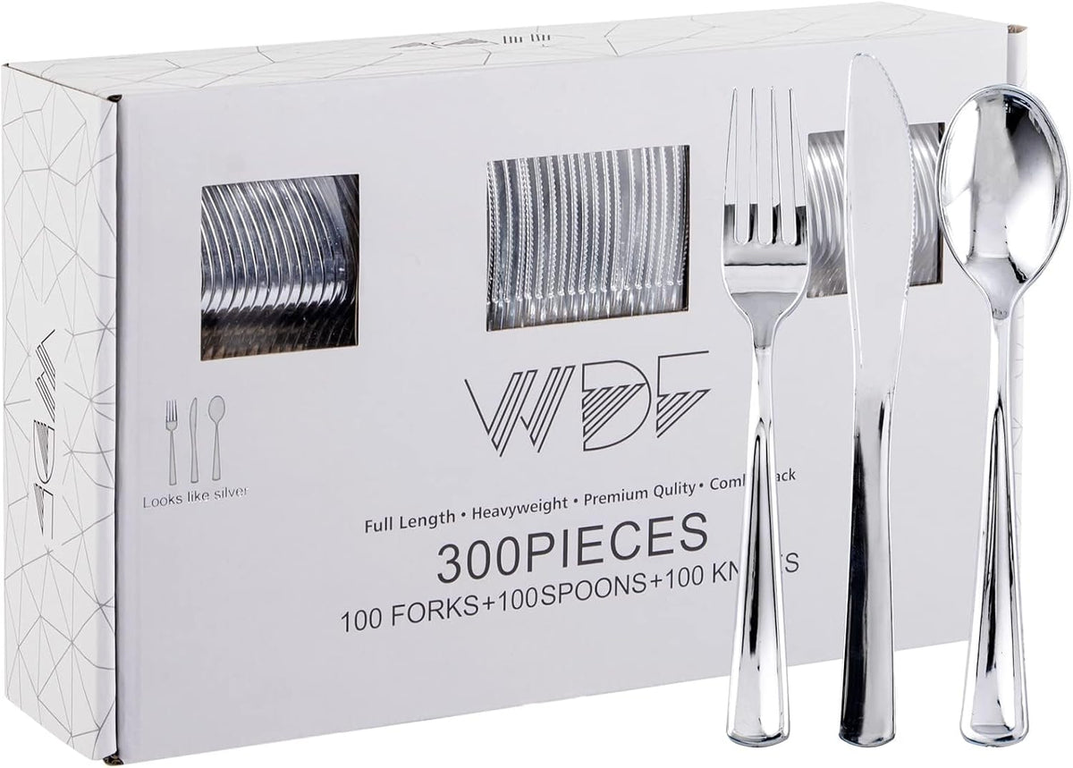 300 Pieces Silver Plastic Silverware - Plastic Silverware Heavy Duty - 100 Forks 100 Knives 100 Spoons - Disposable