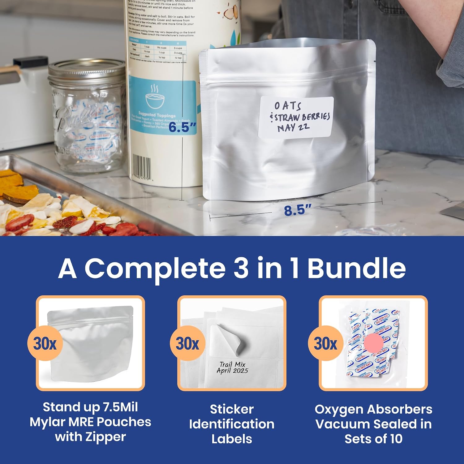 10 Count MRE Mylar Bags with 400cc Oxygen Absorbers, 15 Mil Total Thickness Long-Term Food Storage Pouches, 6.5x8.5