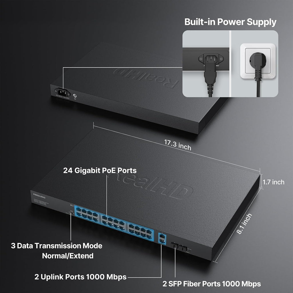 24 Port Full Gigabit PoE Switch with 2 Uplink Gigabit Port & 2 SFP Port, 24 Port PoE+ Network Switch, Total Budget