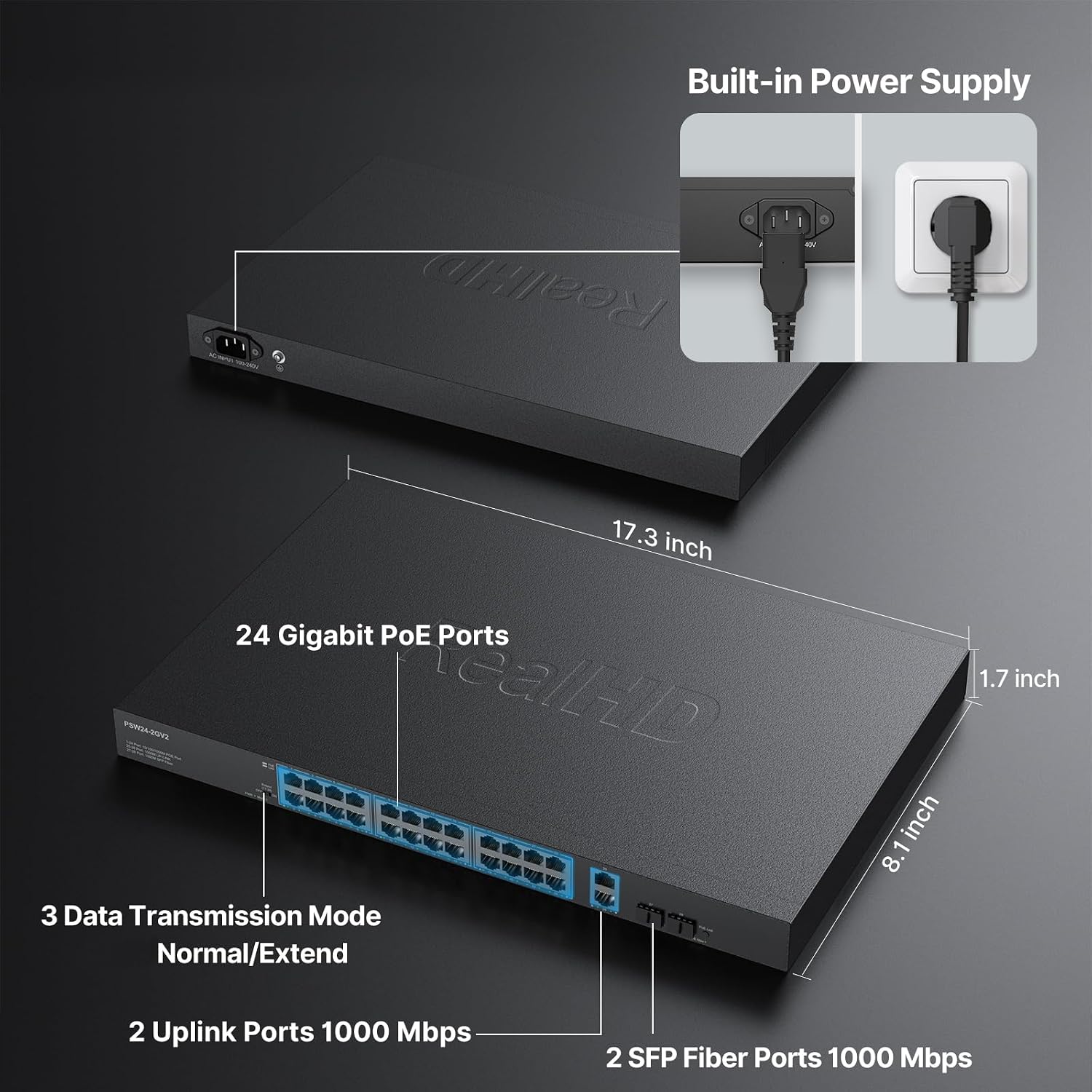 24 Port Full Gigabit PoE Switch with 2 Uplink Gigabit Port & 2 SFP Port, 24 Port PoE+ Network Switch, Total Budget