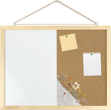 Dry Erase Cork Bulletin Combination Board, Wood, Black, Rectangular, 16.5x12.6 Inches, with Pins, Eye Bolts, Gaskets