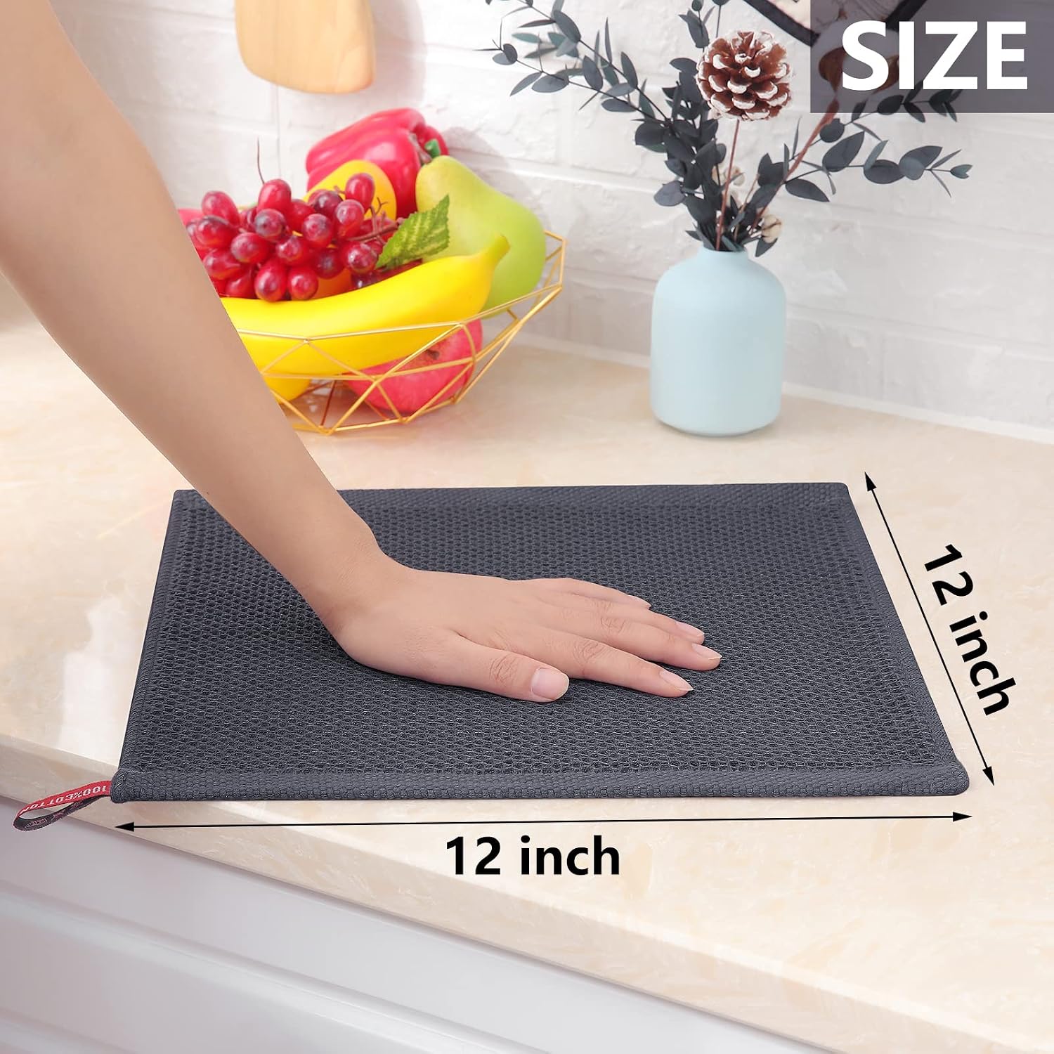 100% Cotton Waffle Weave Kitchen Dish Cloths 6-Pack, Dark Grey | 12 x 12 Inches, Ultra Soft Absorbent Dish Towels
