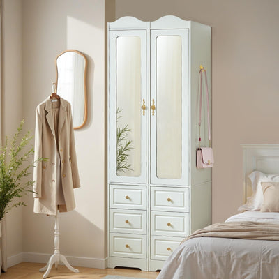 69.5" H Armoire Wardrobe Closet, Modern Wood Bedroom Armoires Cabinet with Mirror Door and 6 Drawers, White Clothing