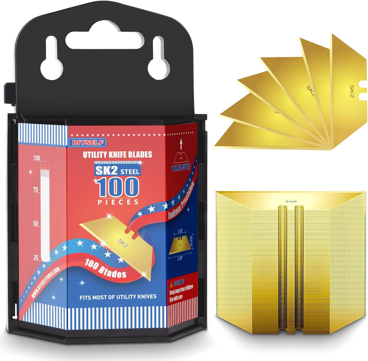 100 Pack Razor Blades, SK2 Steel Utility Knife Blade Refills, Gold