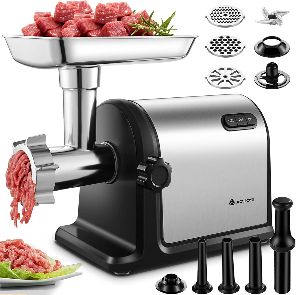 Heavy Duty Stainless Steel Meat Grinder | 3000W Max | 3 Plates | 3 Sausage Stuffers | Stainless Steel Blade | Kubbe
