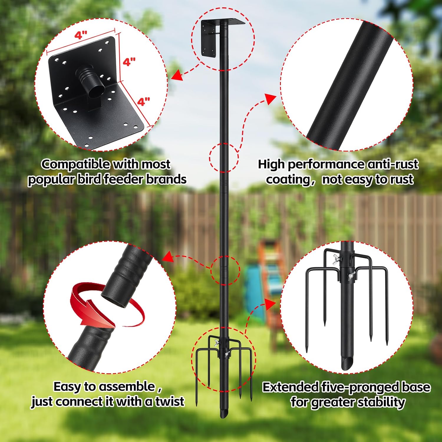 Bird House Pole,60" Outdoor Bird Feeder Pole Kit Stand with 5-Pronged Base, Adjustable Height & Universal Mount for