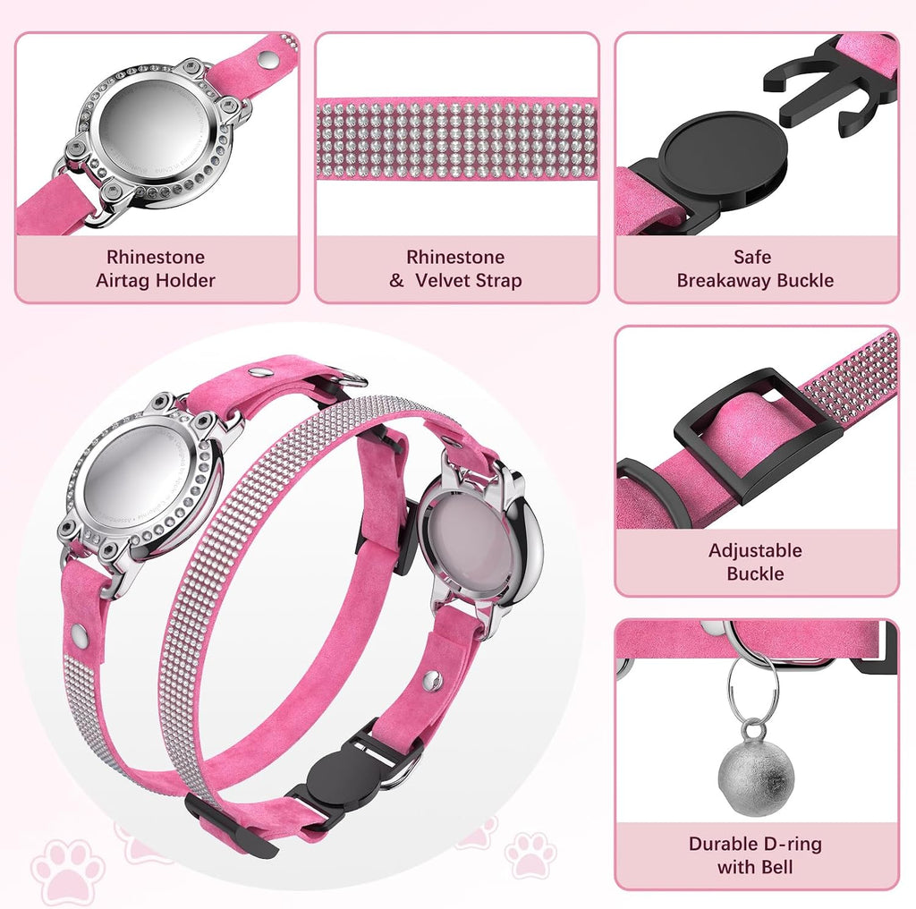 AirTag Cat Collar Breakaway, Rhinestone Collars with Air Tag Holder, Pink