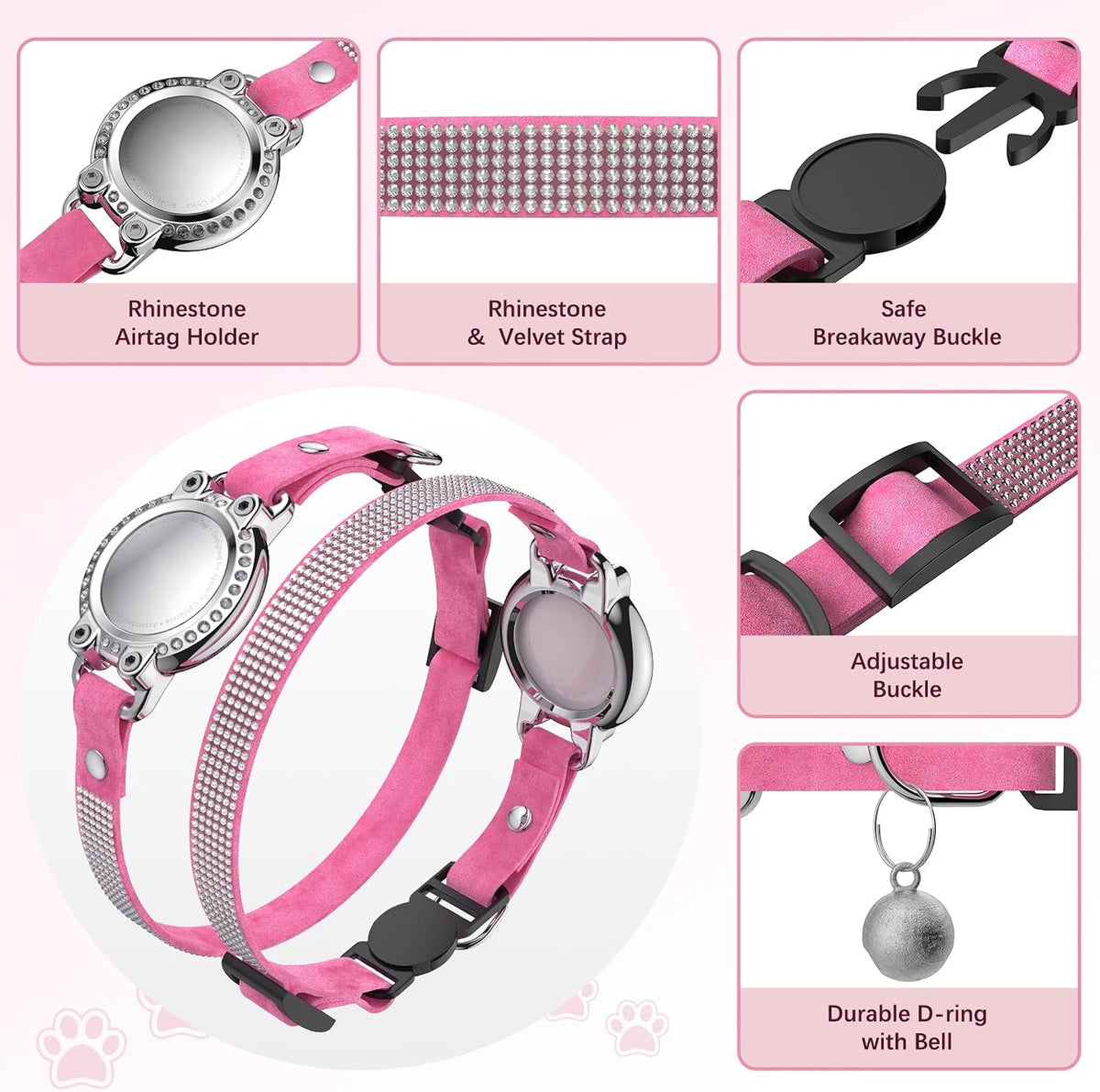 AirTag Cat Collar Breakaway, Rhinestone Collars with Air Tag Holder, Pink