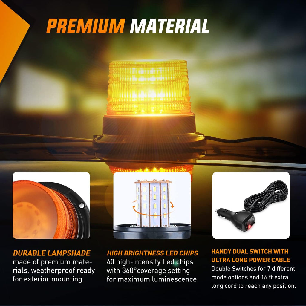 40 LED Strobe Light Amber Warning safety Flash Beacon Lights | 12V-24V with Magnetic and 16ft Straight Cord for