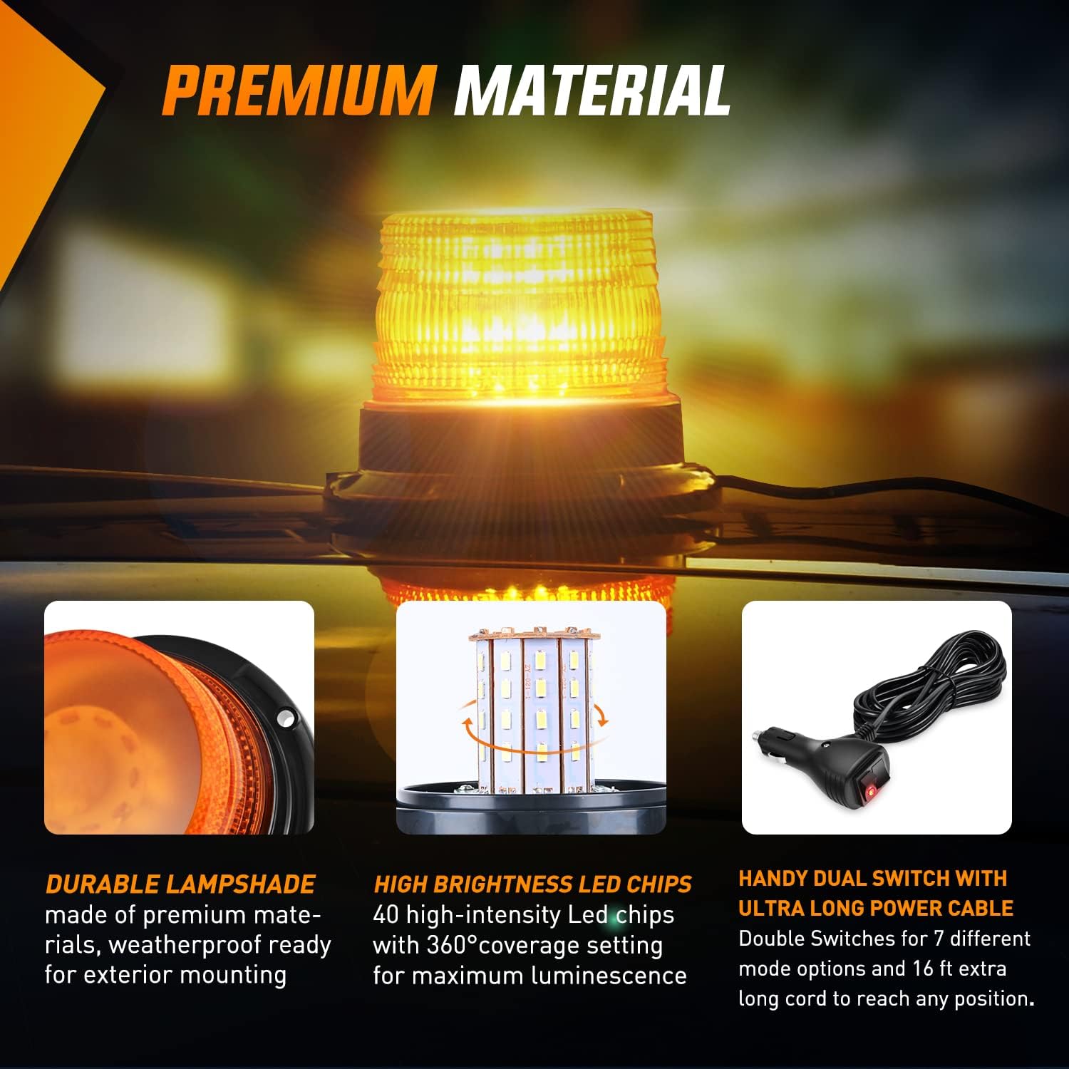 40 LED Strobe Light Amber Warning safety Flash Beacon Lights | 12V-24V with Magnetic and 16ft Straight Cord for